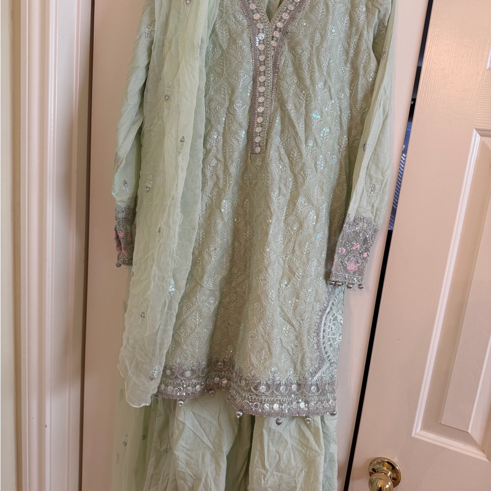 Elegant Light Green Embroidered Outfit Maria B